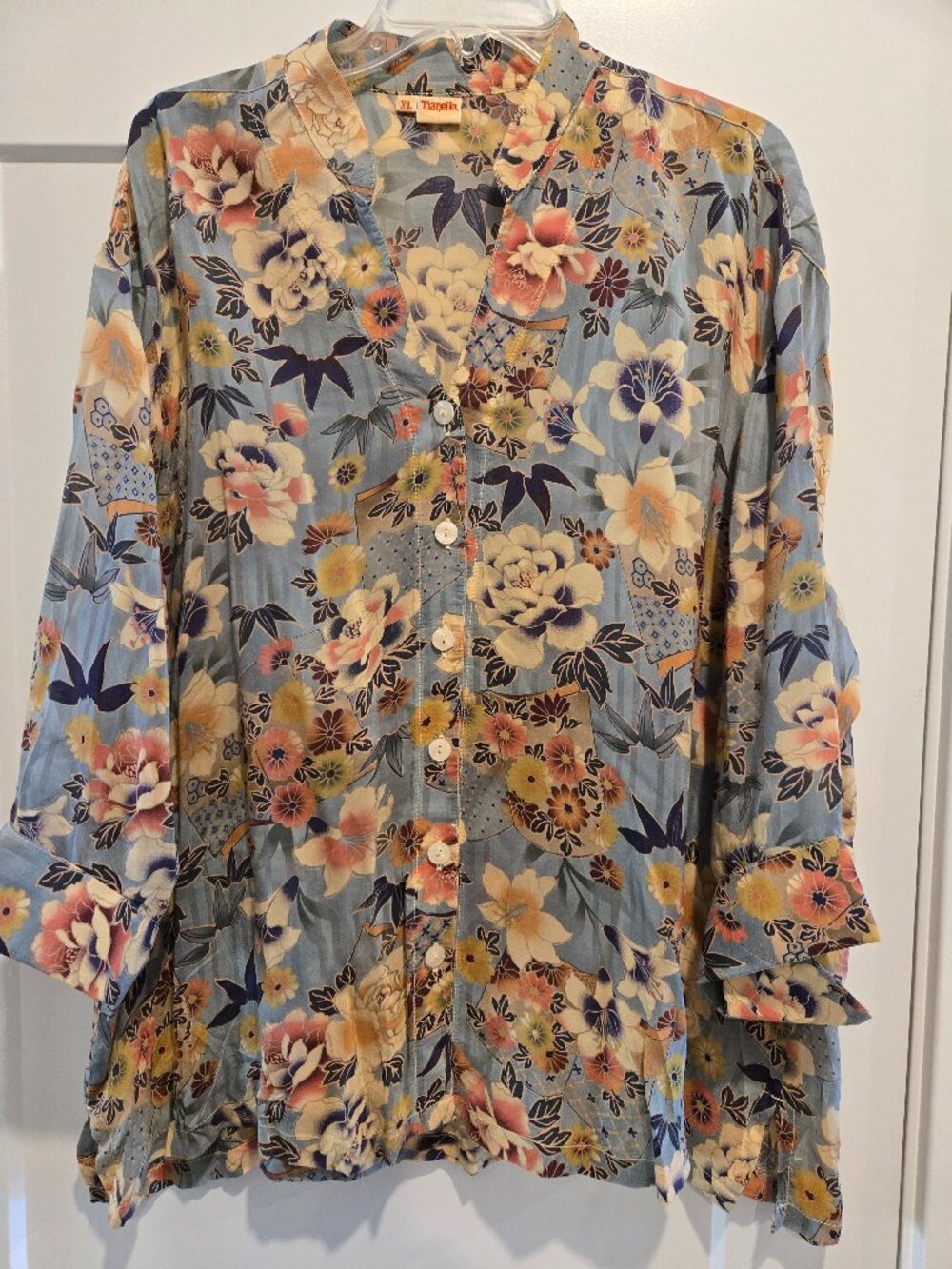 EUC TIANELLO PRE-SHRUNK RAYON TAPEI BLOUSE 3/4 SLEEVE MANDARIN COLLAR SIZE XL